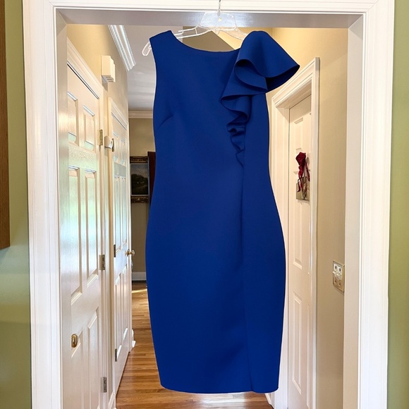 NWOT Eliza J Scuba Sheath Dress w/ Cascading Ruffle Cobalt Blue Size 14 - Picture 3 of 4